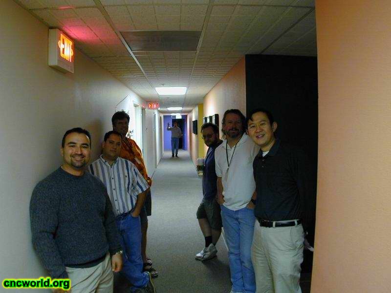 Impromptu corridor meetings to discuss the bad news
After they heard the news of the studio move, there were lots of impromptu gatherings in the halls to discuss the situation. Left to right: Elie Arabian, Scott Bowen, Mike Legg, Dan Elggren (way in back), Steve Tall, Eric Gooch, and David Teh
